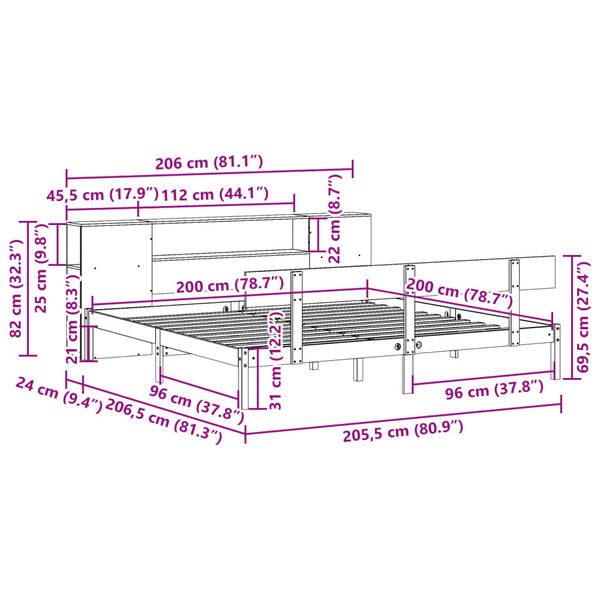vidaXL Κρεβάτι Βιβλιοθήκη Χωρίς Στρώμα 200x200 εκ Μασίφ Ξύλο Πεύκου