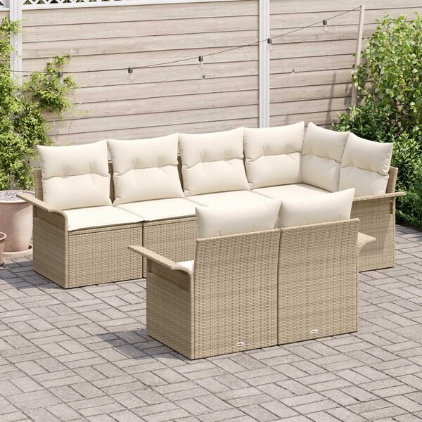 vidaXL Σετ Καναπέ Κήπου με μαξιλάρι 7 pcs Μπεζ Πολυ ράταν