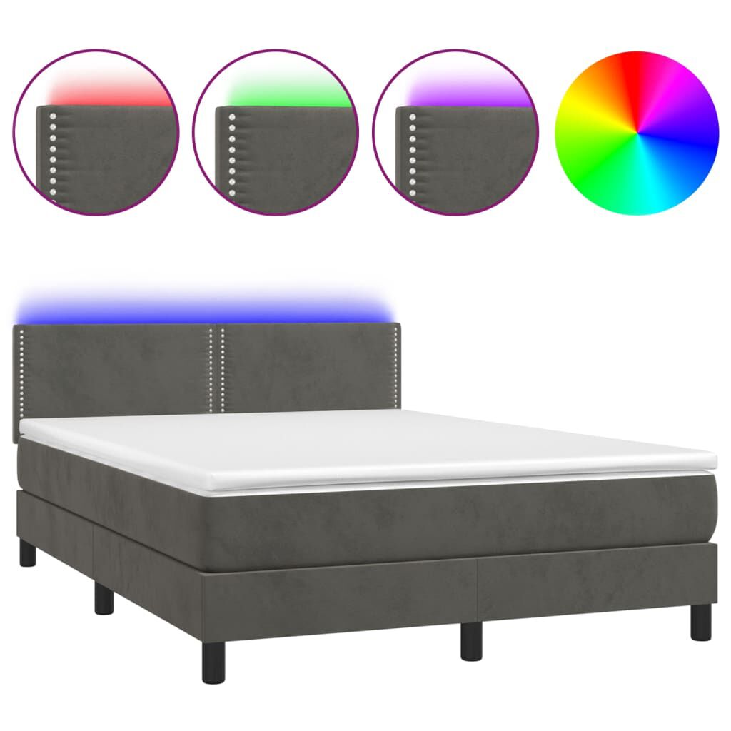 vidaXL Κρεβάτι Boxspring με Στρώμα & LED Σκ. Γκρι 140x200εκ. Βελούδινο