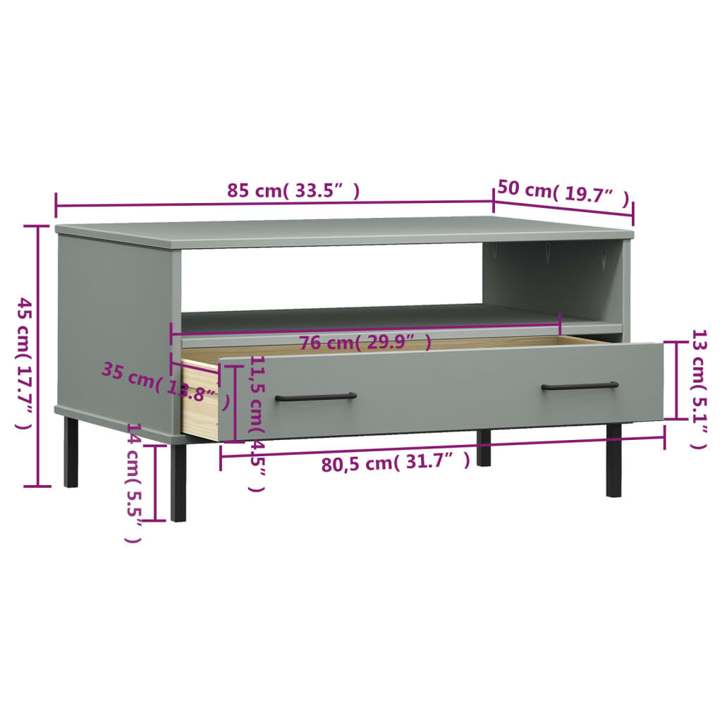 vidaXL Τραπεζάκι Σαλονιού OSLO Γκρι 85x50x45 εκ. Μασίφ Ξύλο Μετ. Πόδια