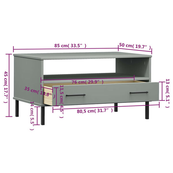 vidaXL Τραπεζάκι Σαλονιού OSLO Γκρι 85x50x45 εκ. Μασίφ Ξύλο Μετ. Πόδια