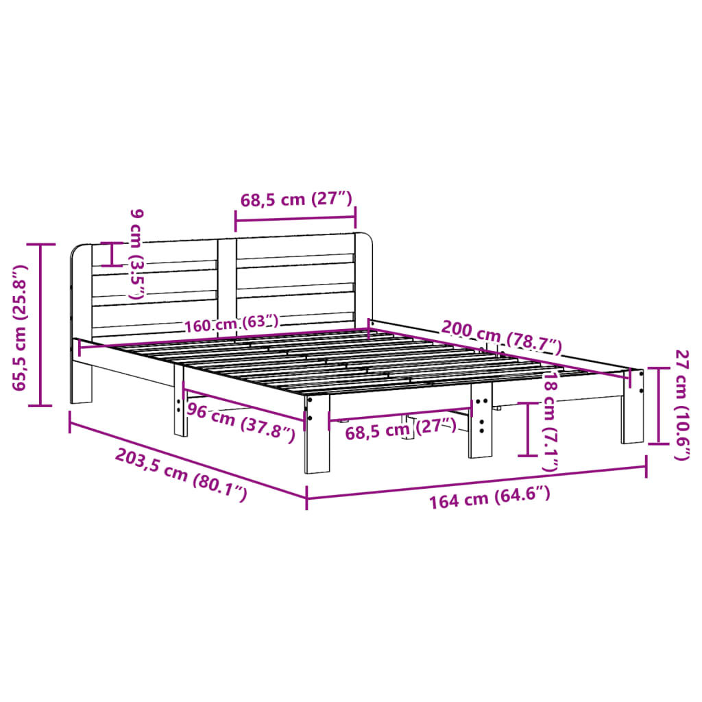 vidaXL Σκελετός Κρεβατιού Χωρίς Στρώμα 160x200 εκ Μασίφ Ξύλο Πεύκου