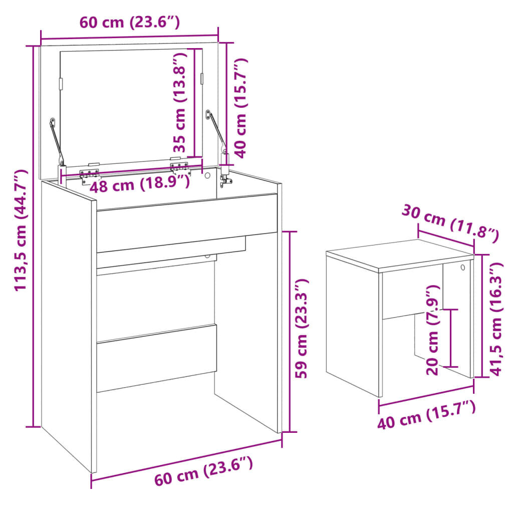 vidaXL Μπουντουάρ και Σκαμπό Λευκό 60 x 40 x 113,5 εκ.
