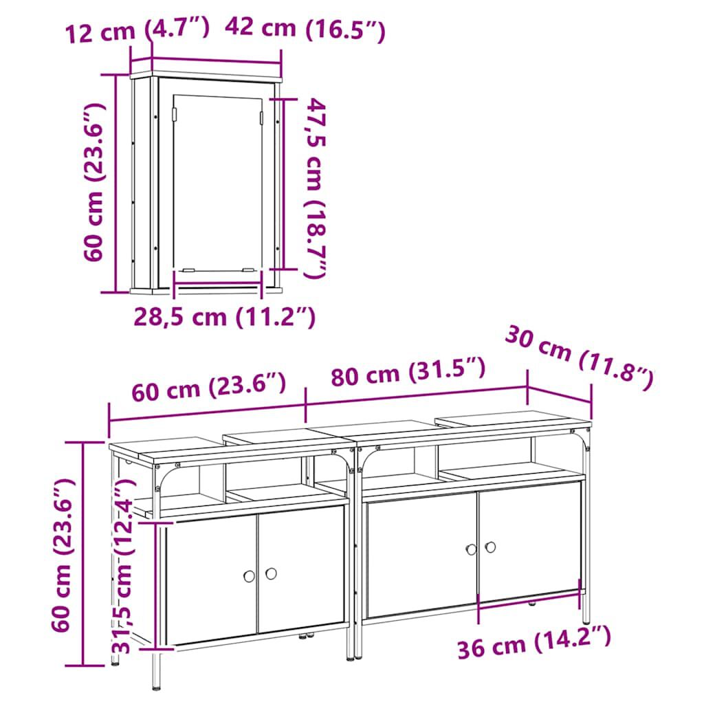 vidaXL Μονάδες Νιπτήρα Μπάνιου με πόρτα 3 pcs Καφέ 80 x 30 x 60 cm