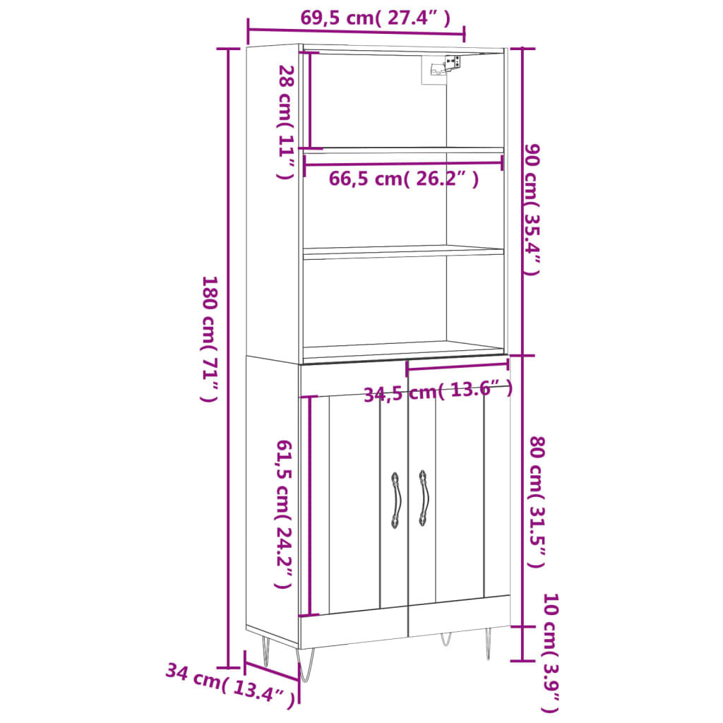 vidaXL Ντουλάπι Λευκό 69,5x34x180 εκ. από Επεξεργασμένο Ξύλο