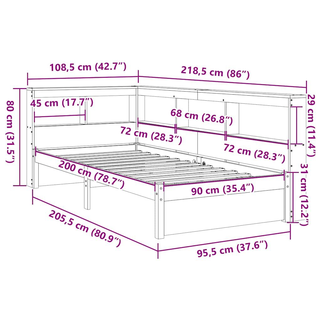 vidaXL Κρεβάτι Βιβλιοθήκη Χωρίς Στρώμα 90x200 εκ Μασίφ Ξύλο Πεύκου