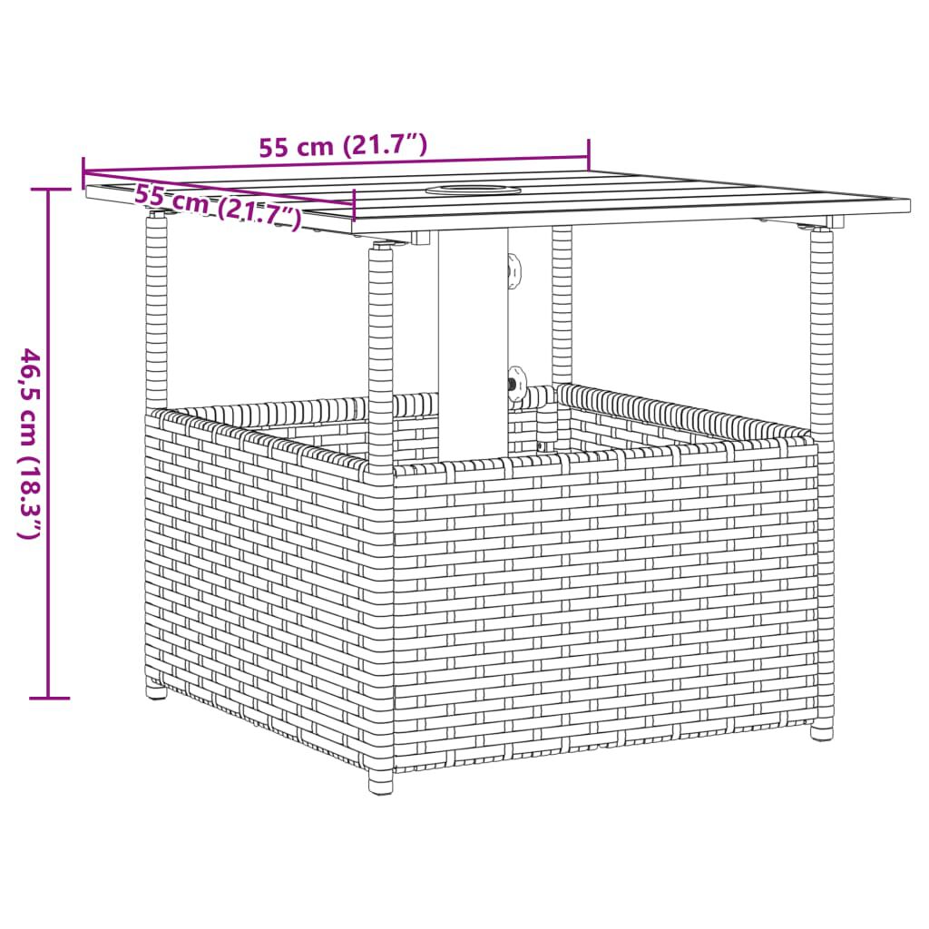 vidaXL Τραπέζι Κήπου με Οπή Ομπρέλας Μαύρο 55x55x46,5εκ. Συνθ. Ρατάν