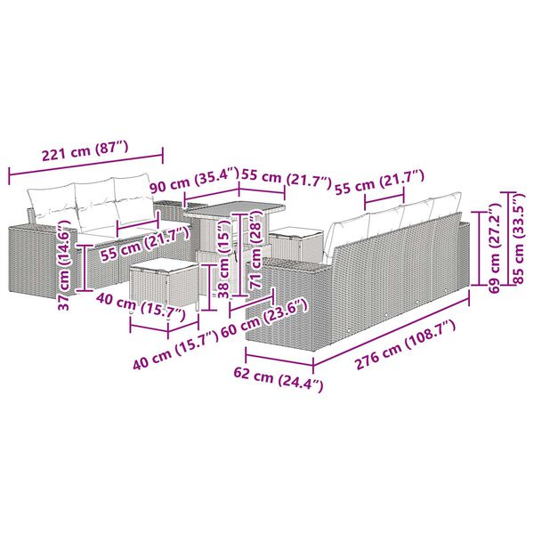vidaXL Σετ Καναπέ Κήπου 10 pcs Γκρι συνθετικό ρατάν