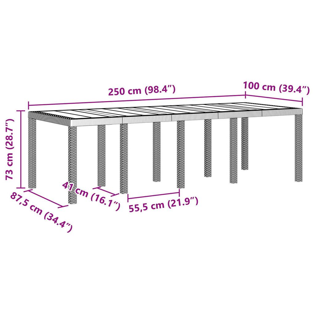 vidaXL Τραπέζι Κήπου Καφέ 250x100x73 cm Πολυ Ράτταν