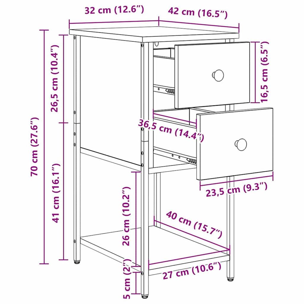 vidaXL Κομοδίνο 2 pcs Μαύρη δρυς 32 x 42 x 70 εκ Επεξεργασμένο ξύλο