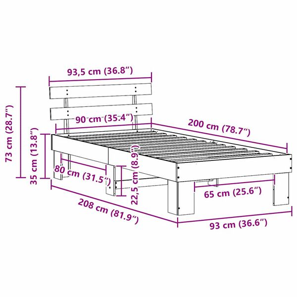 vidaXL Σκελετός Κρεβατιού Καφέ 90 x 200 cm Μασίφ ξύλο πεύκου