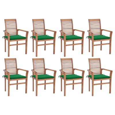 vidaXL Καρέκλες Τραπεζαρίας 8 τεμ. Μασίφ Ξύλο Teak & Πράσινα Μαξιλάρια