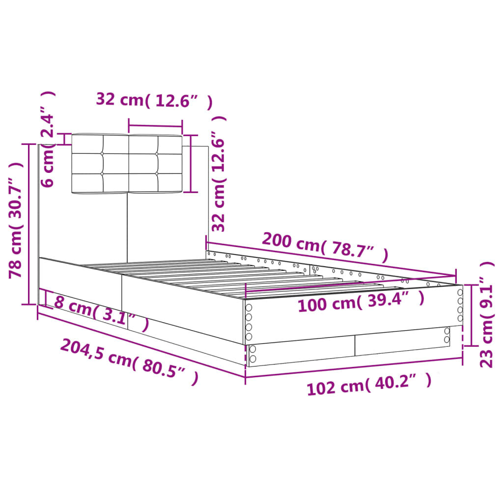 vidaXL Πλαίσιο Κρεβατιού με Κεφαλάρι Γκρι Sonoma 100x200εκ. Επεξ. Ξύλο