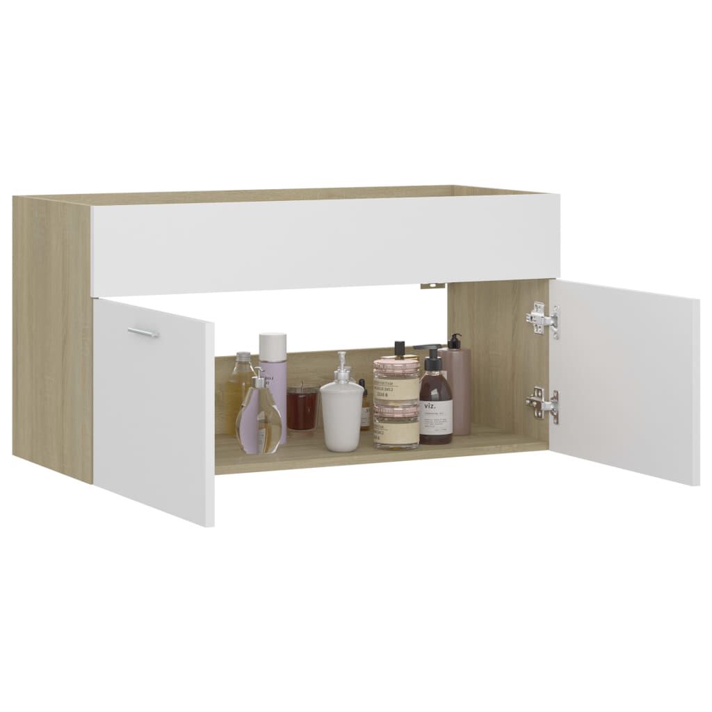 vidaXL Ντουλάπι Νιπτήρα Λευκό/Sonoma Δρυς 90x38,5x46εκ. από Επεξ. Ξύλο
