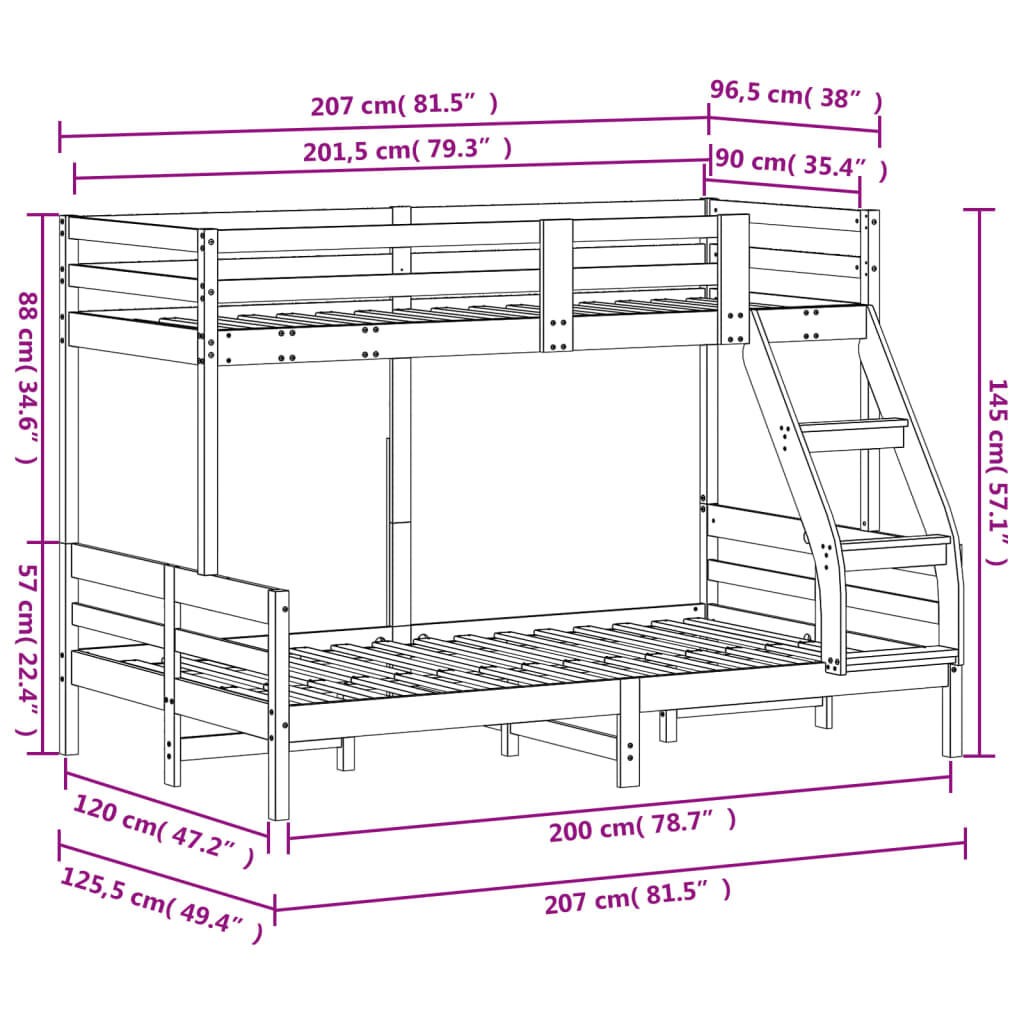 vidaXL Κουκέτα 90x200/120x200 εκ. Λευκό από Μασίφ Ξύλο Πεύκου