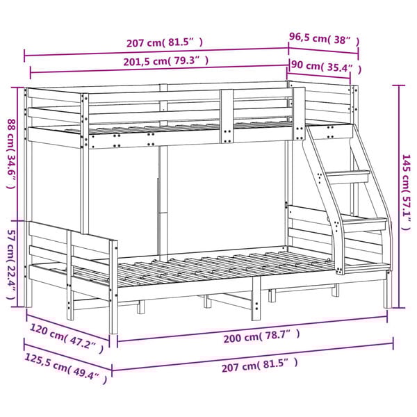 vidaXL Κουκέτα 90x200/120x200 εκ. Λευκό από Μασίφ Ξύλο Πεύκου