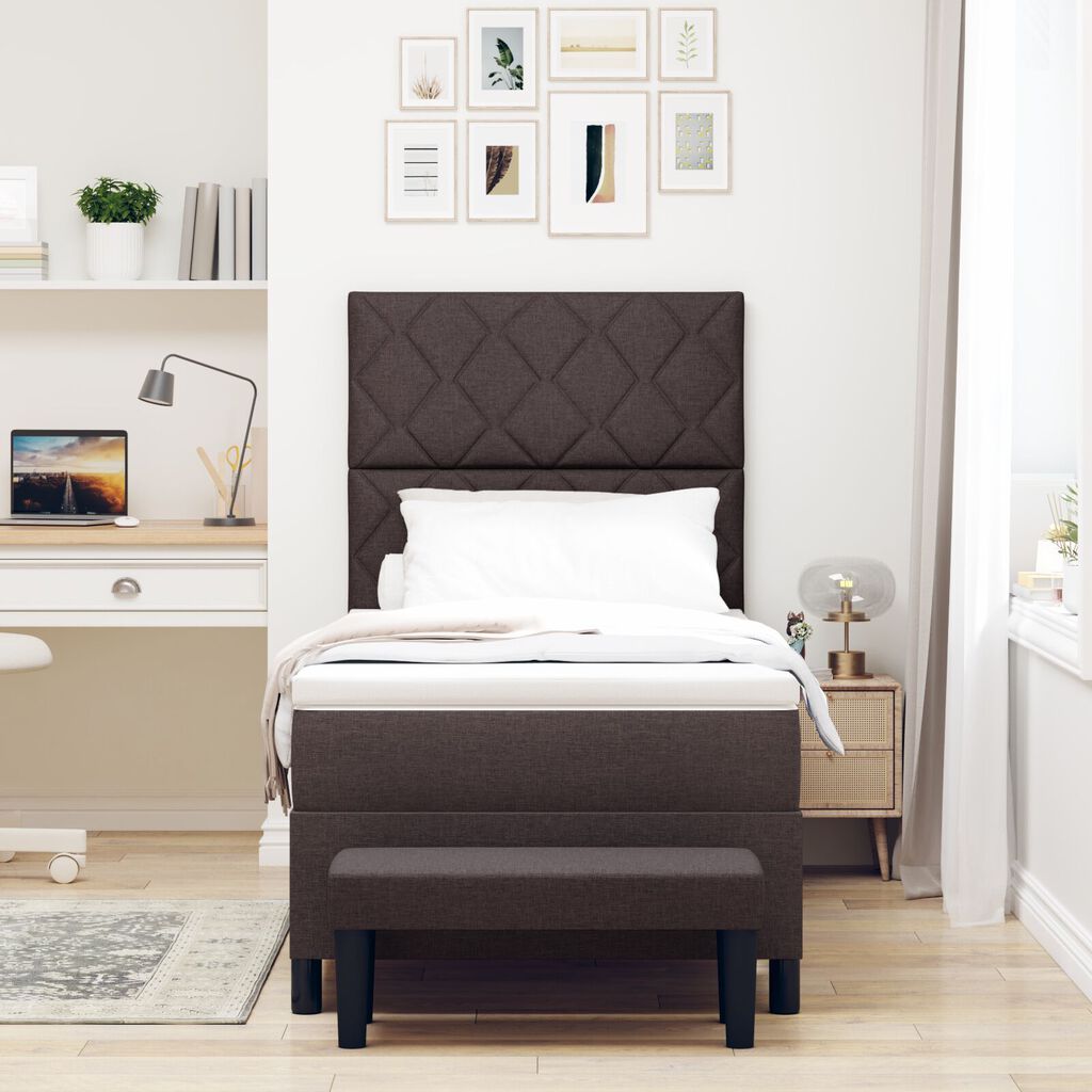 vidaXL Κρεβάτι Box Spring με Στρώμα & Πάγκο Σκούρο Καφέ 90x200 εκ. Ύφασμα