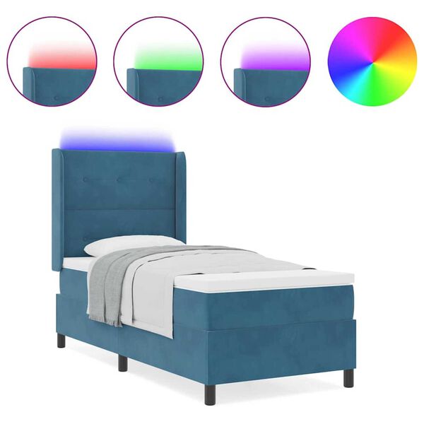 vidaXL Κρεβάτι Box Spring LED με Στρώμα Μπλε 90 x 190 cm Βελούδο