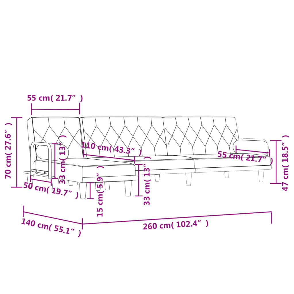 vidaXL Καναπές Κρεβάτι Γωνιακός Αν. Γκρι 260x140x70 εκ. Υφασμάτινος