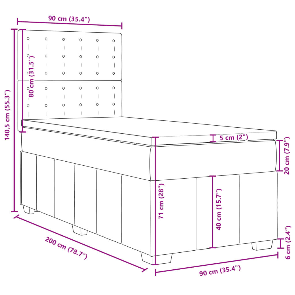 vidaXL Κρεβάτι Boxspring με Στρώμα Κρεμ 90x200 εκ.Υφασμάτινο