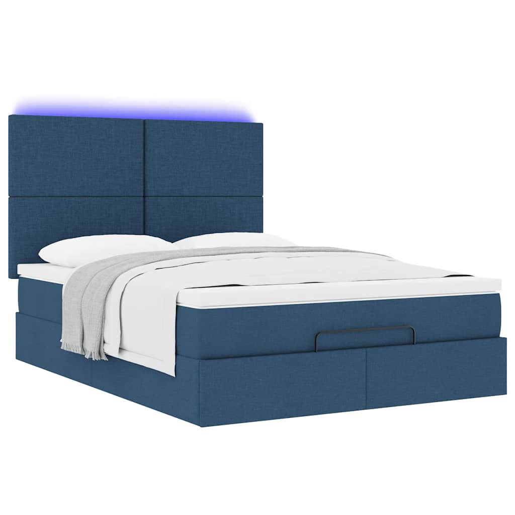 vidaXL Οθωμανικό κρεβάτι με στρώμα & LEDs Μπλε 140x190cm Ύφασμα