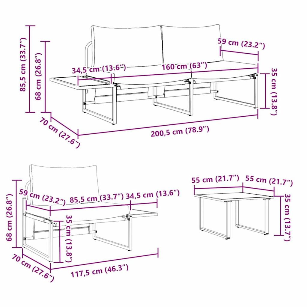 vidaXL Σέτ φαγητού για κήπο 3 pcs Taupe Ατσάλι