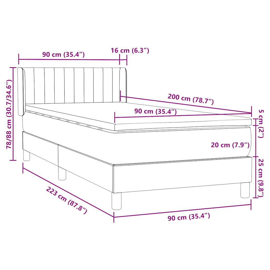 vidaXL Κρεβάτι Boxspring με Στρώμα Μαύρο 90x220 εκ. Βελούδινο