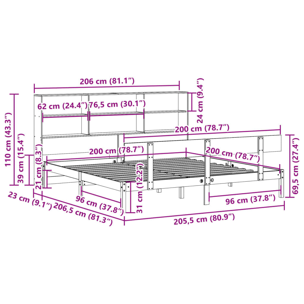 vidaXL Κρεβάτι Βιβλιοθήκη Χωρίς Στρώμα 200x200 εκ Μασίφ Ξύλο Πεύκου