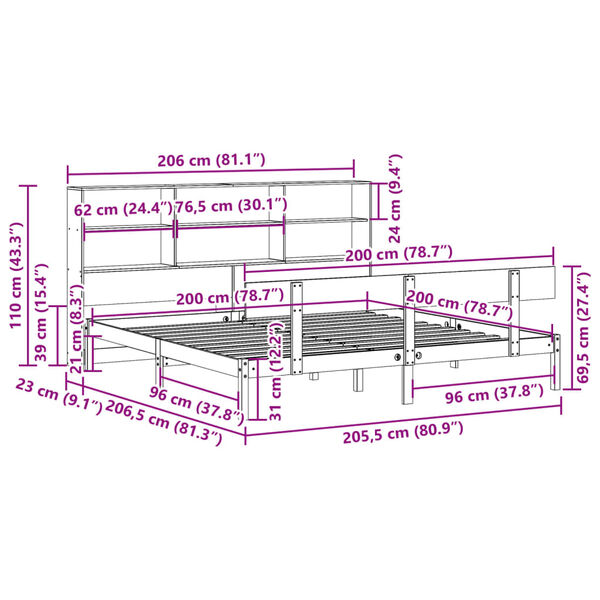 vidaXL Κρεβάτι Βιβλιοθήκη Χωρίς Στρώμα 200x200 εκ Μασίφ Ξύλο Πεύκου
