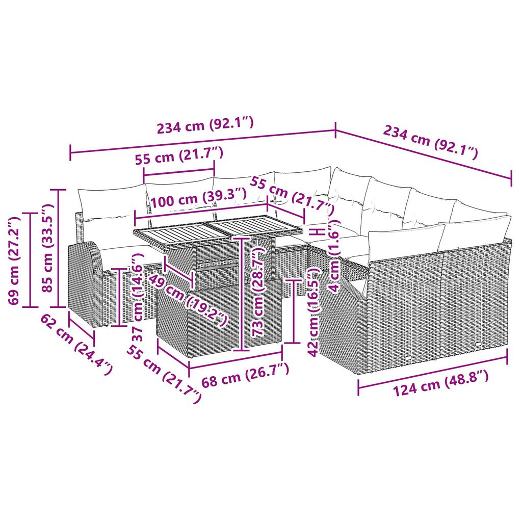 vidaXL Σετ Καναπέ Κήπου με μαξιλάρι 11 pcs Μαύρο 100 x 55 x 73 εκ