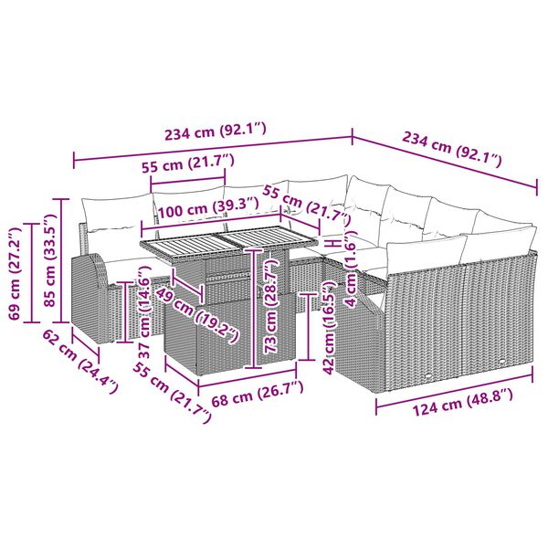 vidaXL Σετ Καναπέ Κήπου με μαξιλάρι 11 pcs Μαύρο 100 x 55 x 73 εκ