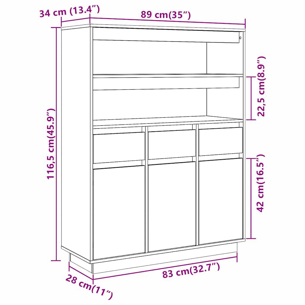 vidaXL Ντουλάπι Ψηλό Λευκό 89x34x116,5 εκ. από Μασίφ Ξύλο Πεύκου