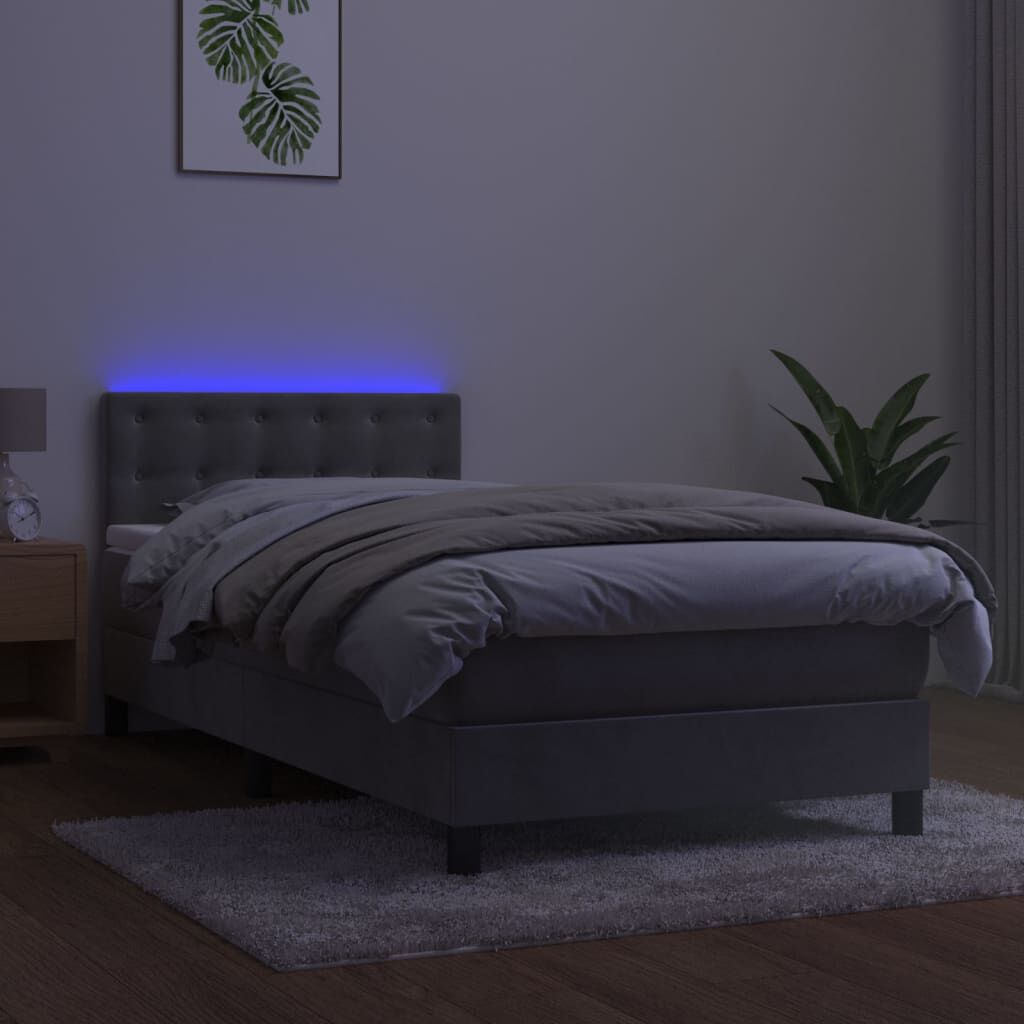 vidaXL Κρεβάτι Boxspring με Στρώμα & LED Αν.Γκρι 90x190 εκ. Βελούδινο