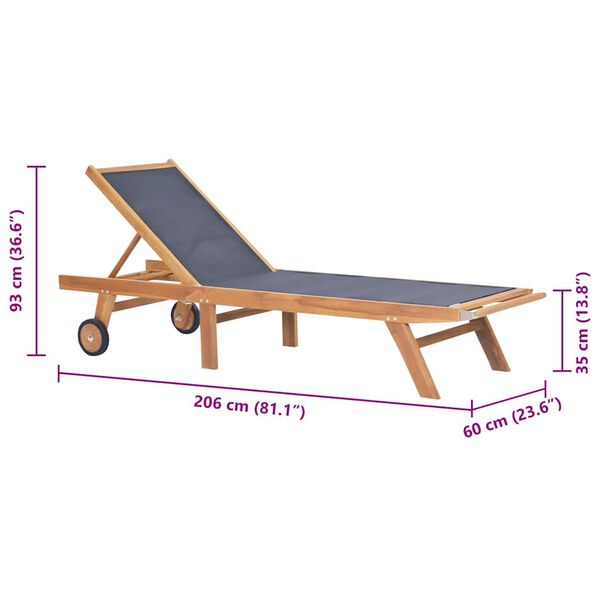 vidaXL Ξαπλώστρα Πτυσσόμενη από Μασίφ Ξύλο Teak και Textilene με Ρόδες