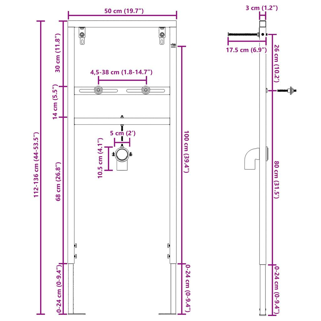 vidaXL Κρυφός Στήριγμα Τοίχου για Λεκάνη 50x112-136 εκ. Χάλυβας