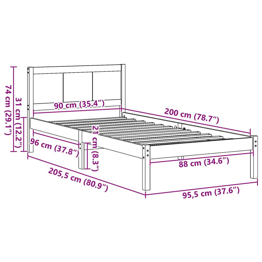 vidaXL Σκελετός Κρεβατιού Λευκό 90 x 200 cm Μασίφ ξύλο πεύκου