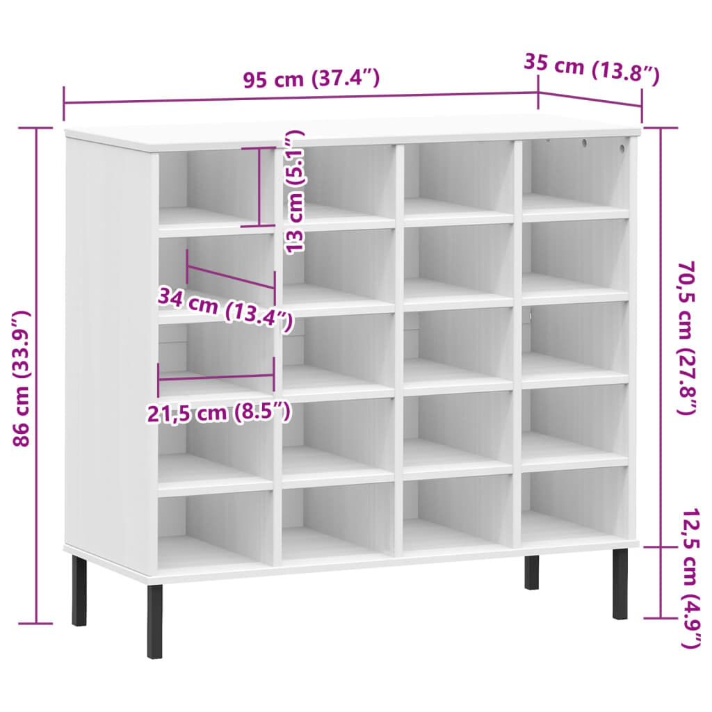 vidaXL Παπουτσοθήκη OSLO Λευκή 95x35x86 εκ. Μασίφ Ξύλο με Μετ. Πόδια