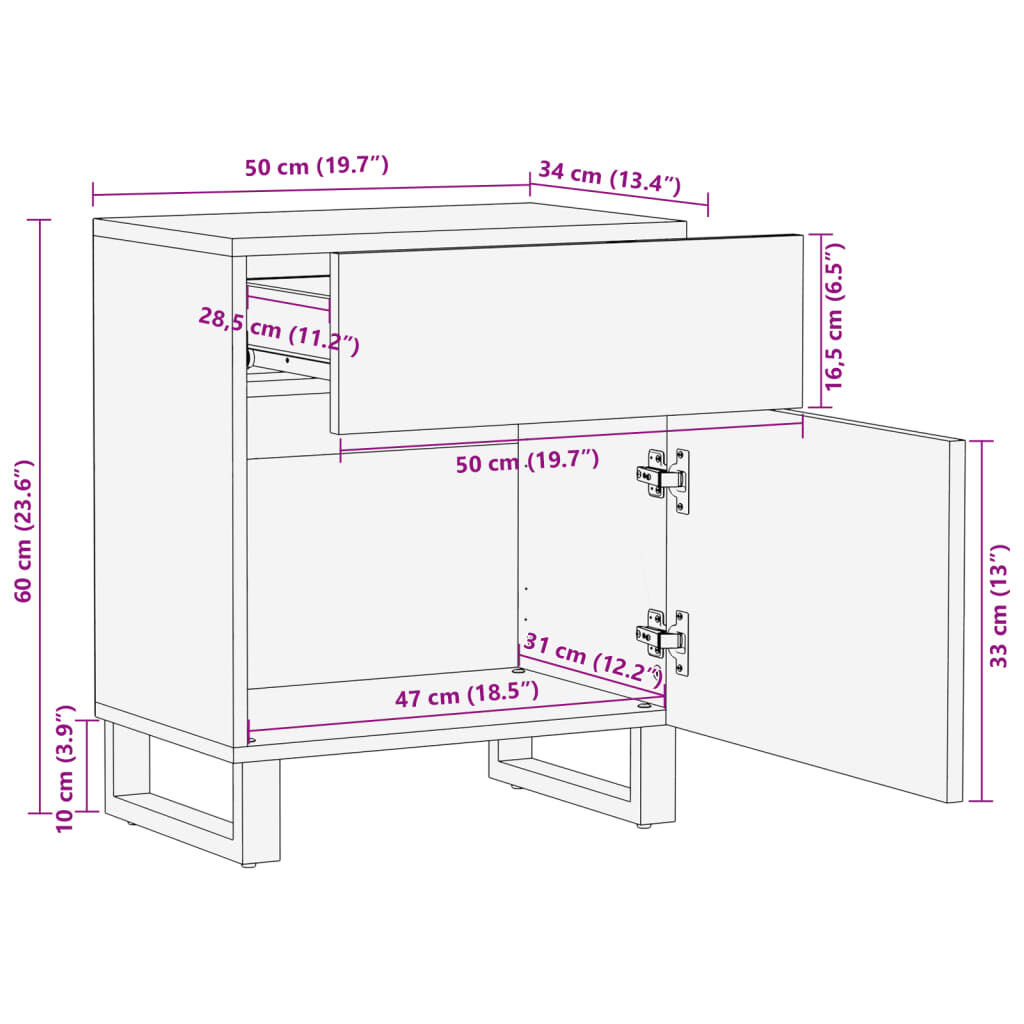 vidaXL Κομοδίνο 50 x 34 x 60 εκ. από Μασίφ Ακατέργαστο Ξύλο Μάνγκο