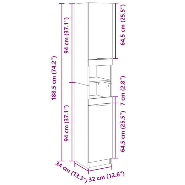 vidaXL Ντουλάπι Μπάνιου Sonoma Δρυς 32x34x188,5 εκ. Επεξεργ. Ξύλο