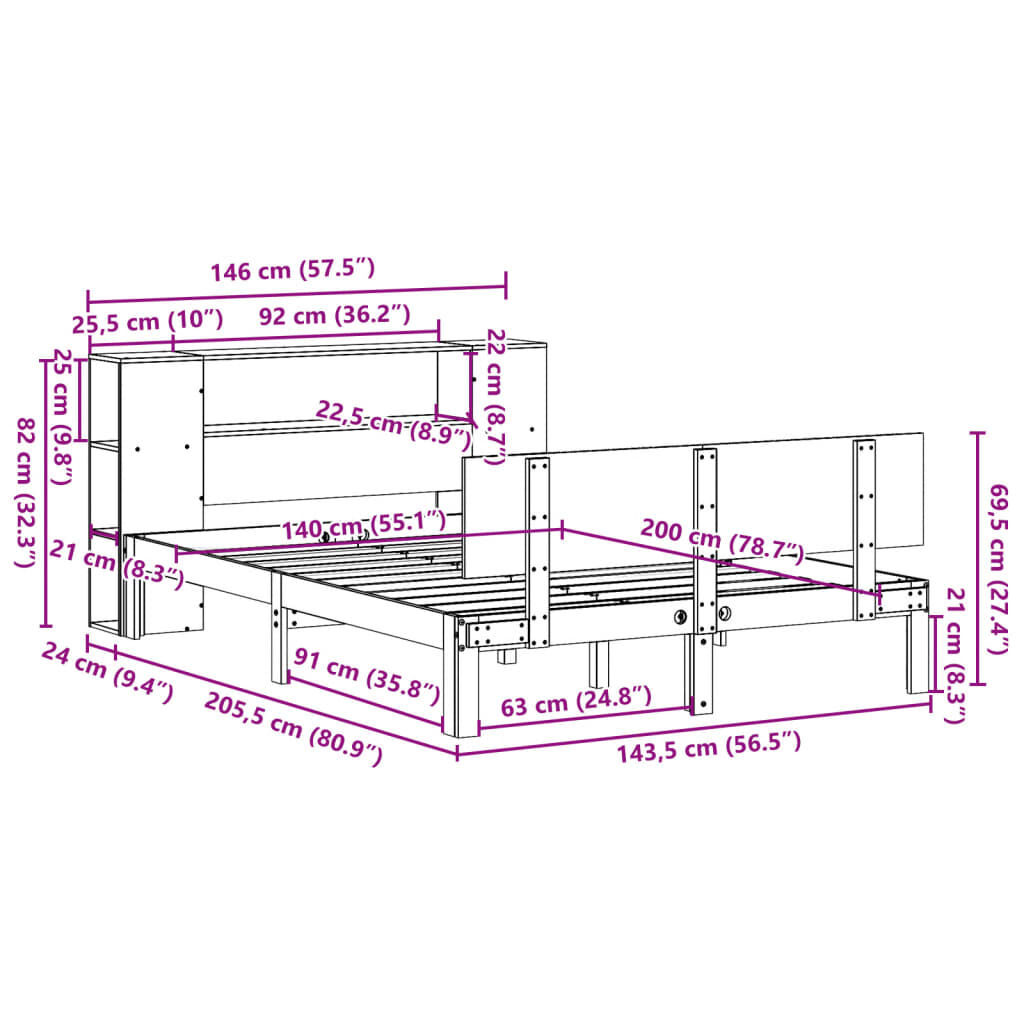 vidaXL Κρεβάτι Βιβλιοθήκη Χωρίς Στρώμα 140x200 εκ Μασίφ Ξύλο Πεύκο