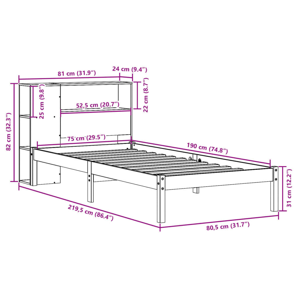 vidaXL Κρεβάτι Βιβλιοθήκη Χωρίς Στρώμα 75x190 εκ Μασίφ Ξύλο Πεύκου