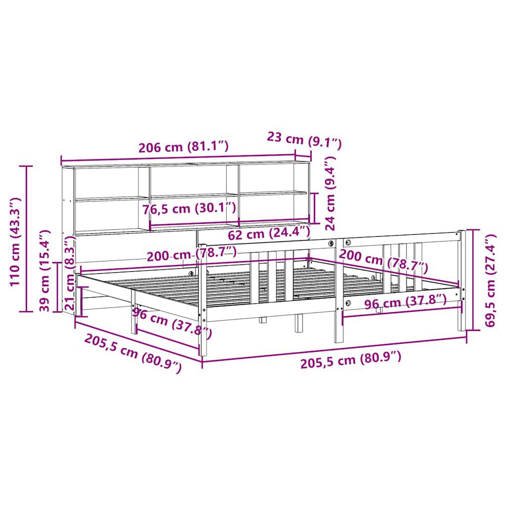 vidaXL Κρεβάτι Βιβλιοθήκη Χωρίς Στρώμα 200x200 εκ Μασίφ Ξύλο Πεύκου