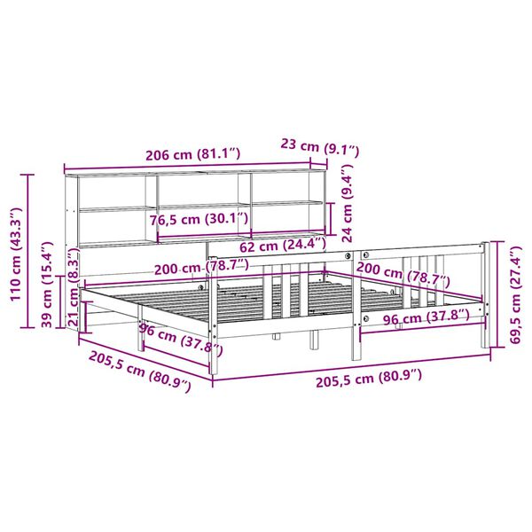 vidaXL Κρεβάτι Βιβλιοθήκη Χωρίς Στρώμα 200x200 εκ Μασίφ Ξύλο Πεύκου