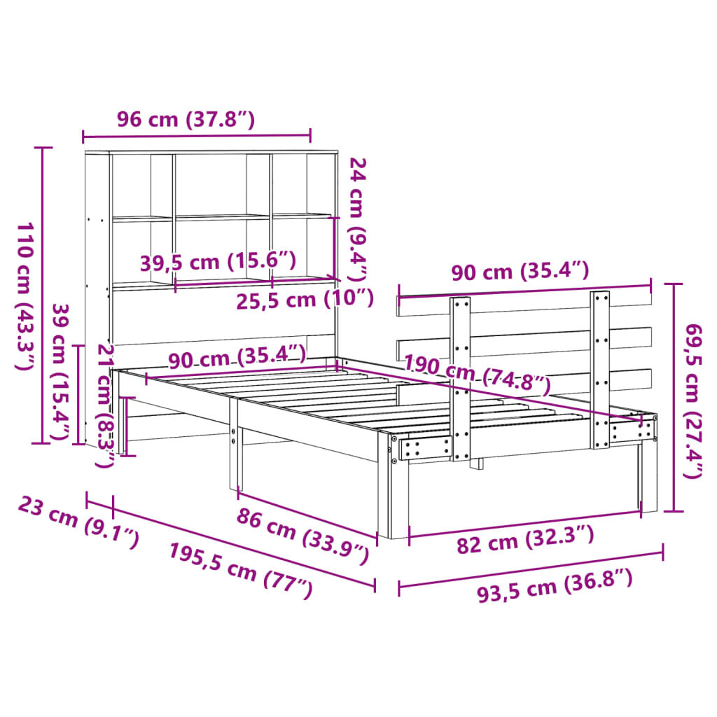 vidaXL Κρεβάτι Βιβλιοθήκη Χωρίς Στρώμα 90x190 εκ Μασίφ Ξύλο Πεύκου