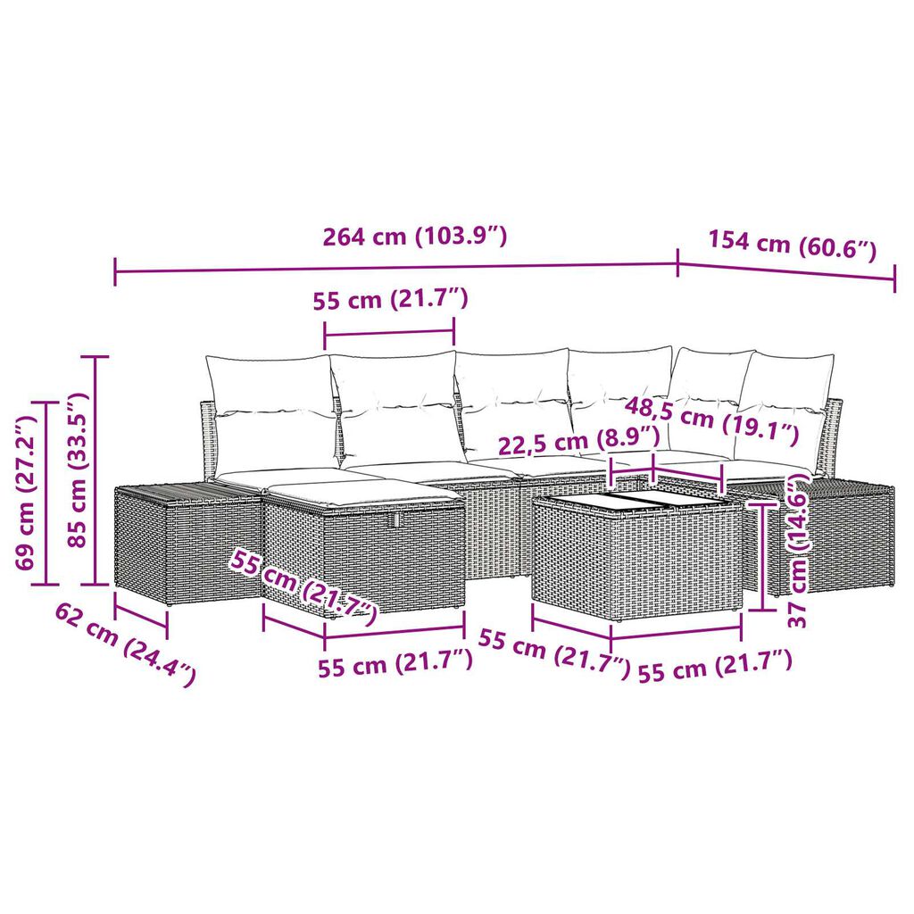 vidaXL Σετ Καναπέ Κήπου 7 pcs Μπεζ 55 x 62 x 69 εκ Πολυ ράταν