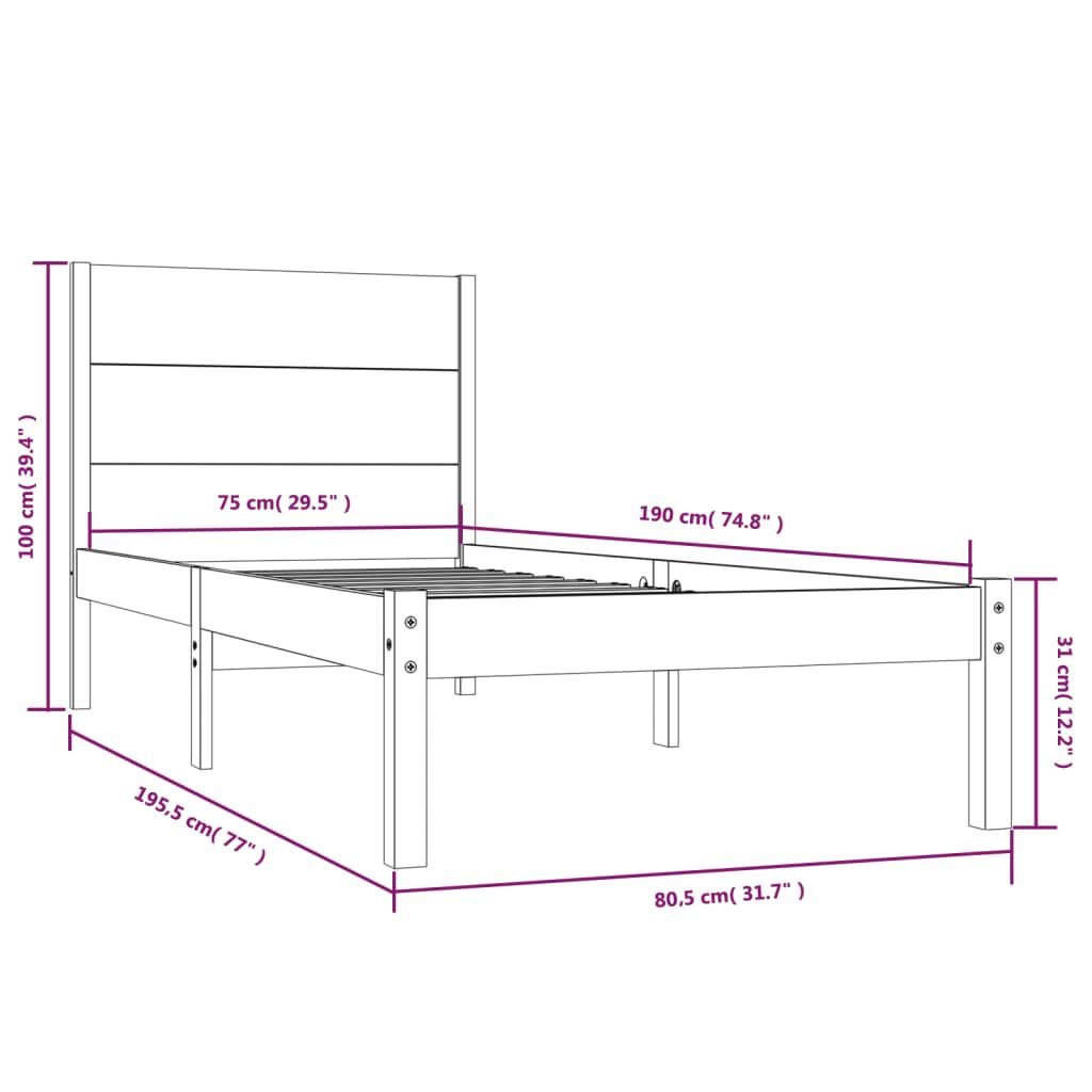 vidaXL Πλαίσιο Κρεβατιού 75 x 190 εκ. από Μασίφ Ξύλο Small Single