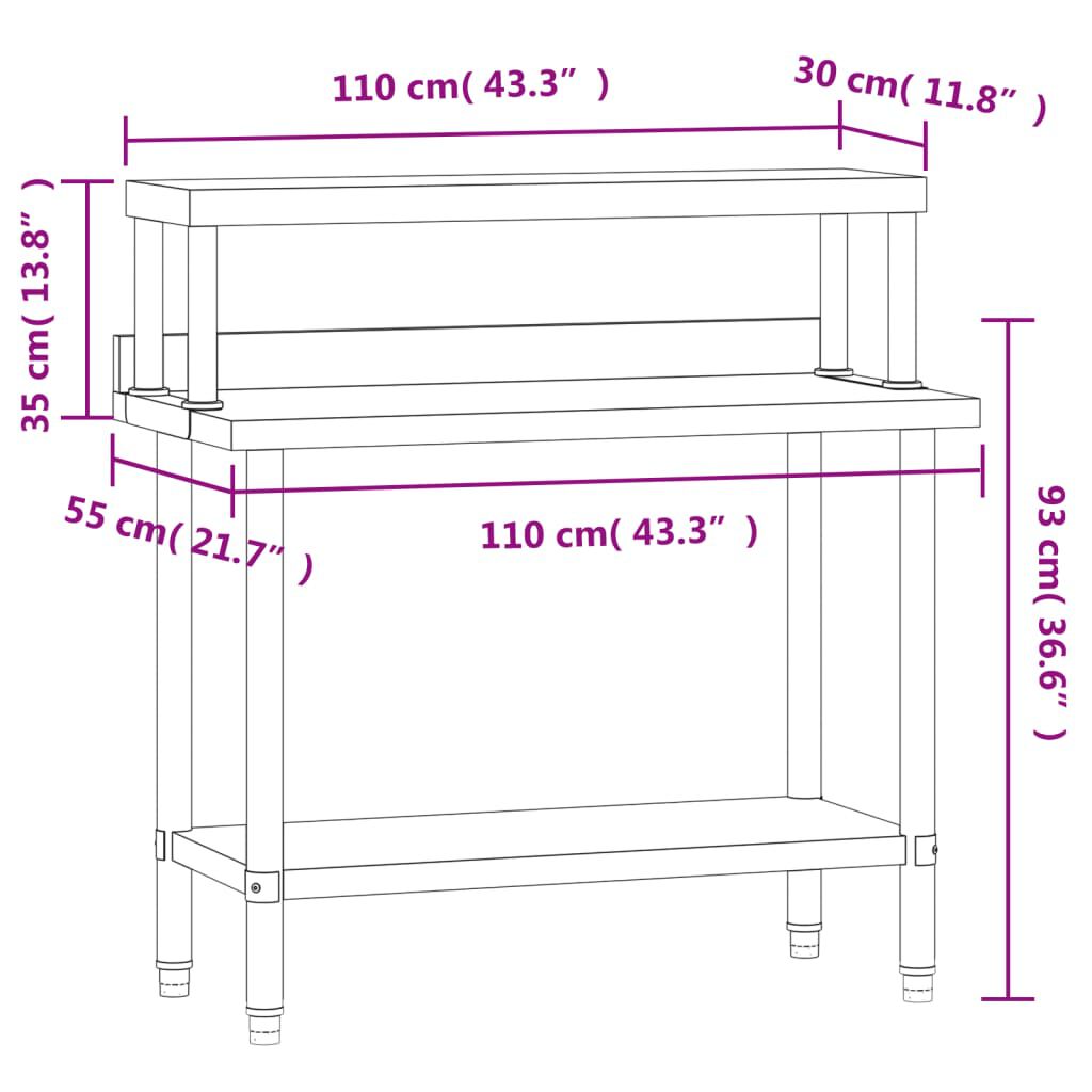 vidaXL Πάγκος Εργασίας Κουζίνας με Ράφι 110x55x120 εκ. Ανοξείδ. Ατσάλι