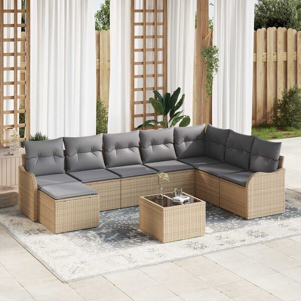 vidaXL Σετ Καναπέ Κήπου με μαξιλάρι 9 pcs Μπεζ Πολυ ράταν
