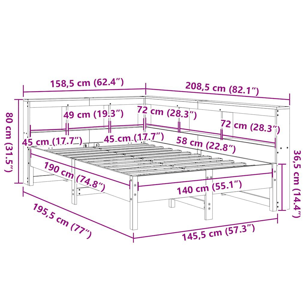 vidaXL Κρεβάτι Βιβλιοθήκη Χωρίς Στρώμα 140x190 εκ Μασίφ Ξύλο Πεύκου