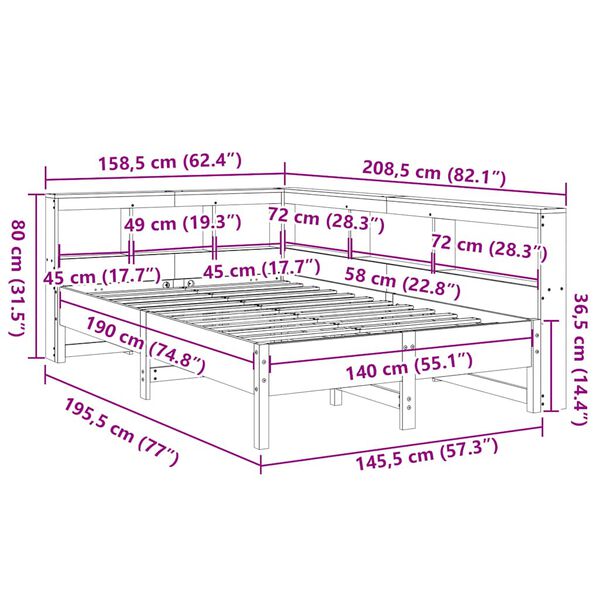 vidaXL Κρεβάτι Βιβλιοθήκη Χωρίς Στρώμα 140x190 εκ Μασίφ Ξύλο Πεύκου